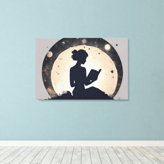 Een vrouw in silhouet die een boek leest canvas afdruk (Insitu (Houten vloer))