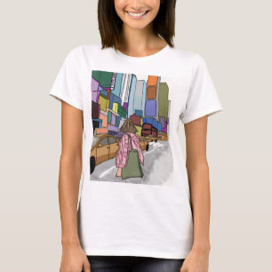 Een vrouw loopt door een bruisende straat in de st t-shirt