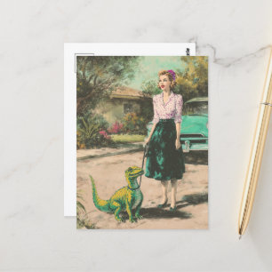 Een vrouw loopt met haar huisdier kleine Dino Briefkaart