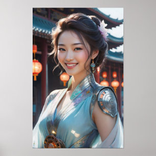 Een vrouw met een delicate blauwe jurk poster
