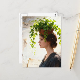 Een vrouw met een kamerplant op haar hoofd briefkaart