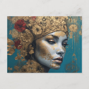 Een vrouw met goud en bloemen briefkaart