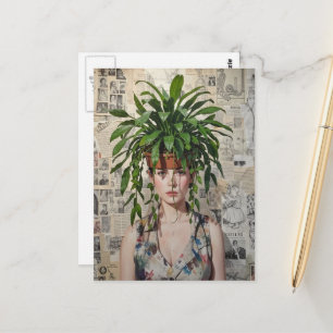 Een vrouw met kamerplant op haar hoofd collage briefkaart