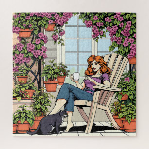 Een vrouw met koffie, kat en Planten Legpuzzel