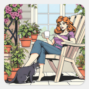 Een vrouw met koffie, kat en Planten Vierkante Sticker