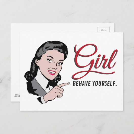 Een vrouw met sms'je, gedraag jezelf briefkaart (Voorkant / Achterkant)