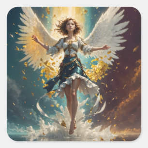 Een vrouw met vleugels omhoog in de lucht vierkante sticker
