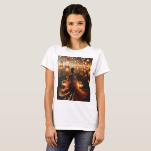 Een vrouw zit voor een drijvende lantaarn t-shirt