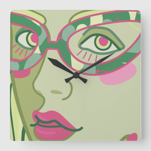 een vrouwengezicht in een bril. vierkante klok (Voorkant)