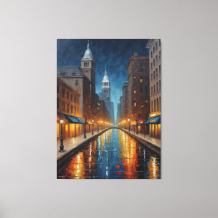 Een waterkanaal met gebouwen en een klokkentoren canvas afdruk