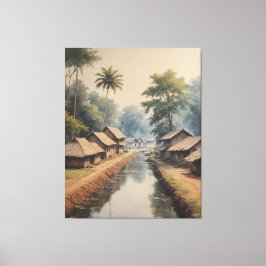 Een waterkanaal met huizen en bomen canvas afdruk