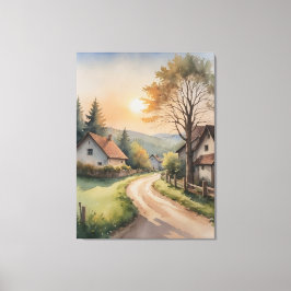 Een waterverf schilderij van huizen en een weg canvas afdruk