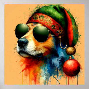 Een Waterverf van een hond met een zonnebril Poste Poster