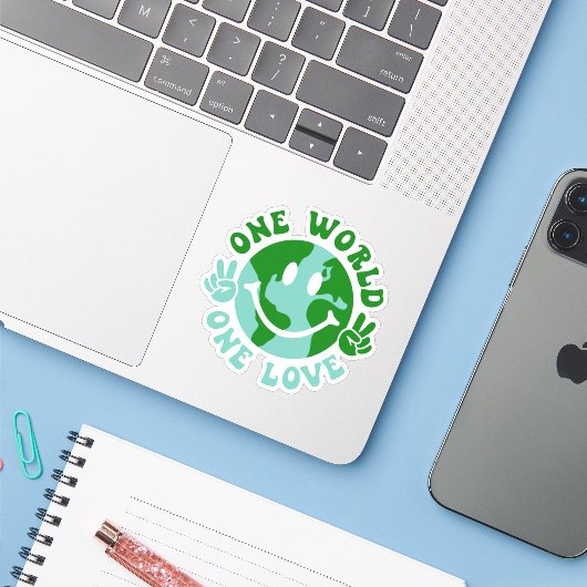 Eén wereld-één-liefdesvrede op aarde sticker (Laptop met iPhone)