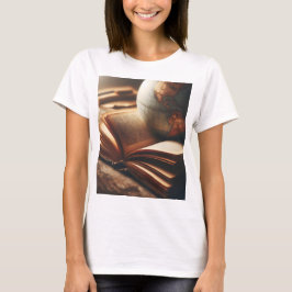 Een wereldbol zit bovenop een boek t-shirt