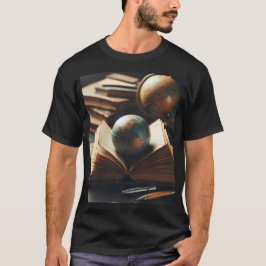 Een wereldbol zit op een stapel boeken met potlode t-shirt
