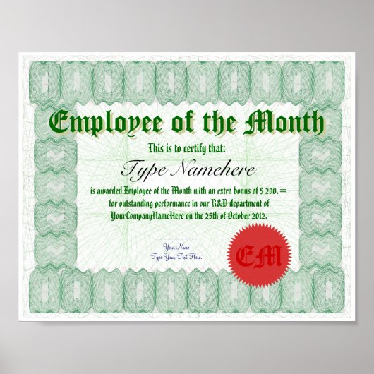 Een werknemer van de maandelijkse certificeringson poster (Voorkant)