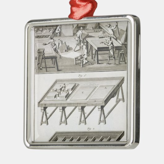 Een werkplaats en gereedschap van de spiegelmaker, metalen ornament (Links)