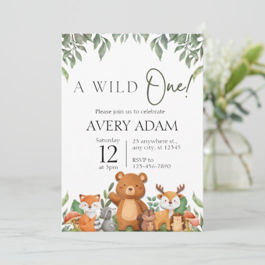 Een wild ONE Green Woodland Animals Baby shower Kaart (Staand voorkant)