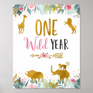 Eén Wilde Jaar Roze Gold Safari Birthday Sign Poster