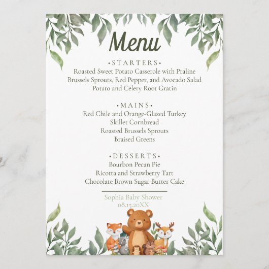 Een wilde ONE groen bosdieren Menu (Voorkant)