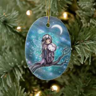 Een Winter Night Fairy and Owl Fantasy Art Keramisch Ornament