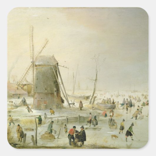 Een winterscène met skaters van een windmolen vierkante sticker (Voorkant)