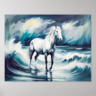 Een wit paard in een stormachtig Zee Poster