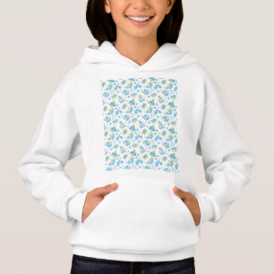 Een witte achtergrond met blauwe bloemen en groene