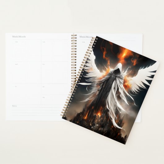 Een witte engel vrouw torent over een vernieling planner (Display)