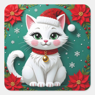 Een witte feestelijke kat met een kerstachtergrond vierkante sticker