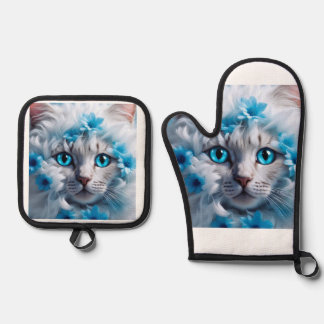 Een witte kat mooie ogen ovenwant & pannenlap set
