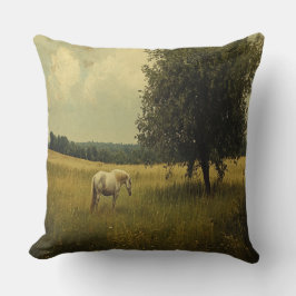 Een Witte Paard Grazend In Een Veld Kussen