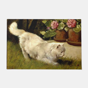 Een witte Perzische kat kijkt naar lieveheersbeest Deurmat