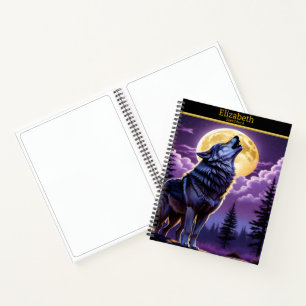 Een wolf huilt bij volle maan op een schetsboek notitieboek