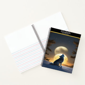 Een wolf huilt onder de lichtgevende maanverlichte notitieboek