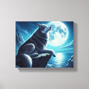 Een wolf in de nacht, gestrekt doek canvas afdruk