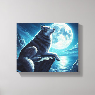 Een wolf in de nacht, gestrekt doek canvas afdruk