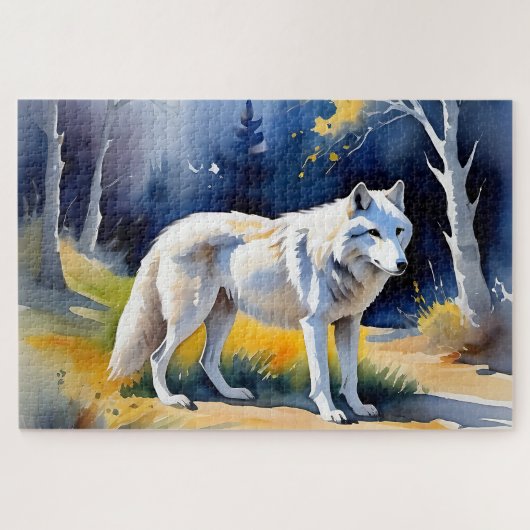 Een wolf in een bos waterverf schilderij legpuzzel (Horizontaal)