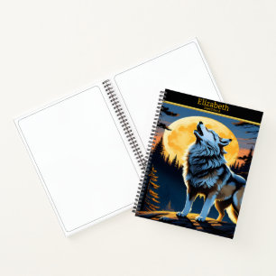 Een wolf sereneert de maan in de rustige nacht notitieboek