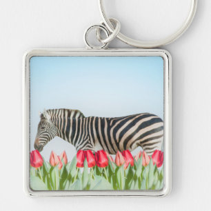 Een zebra tussen de tulpen sleutelhanger