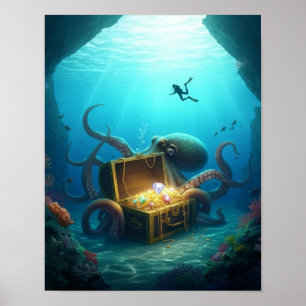 Een zeedier beschermt een schat poster