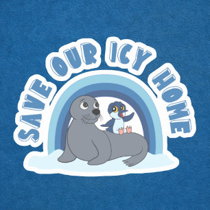 Een zeehond en een pinguïn "Save Our Icy World" ca Sticker