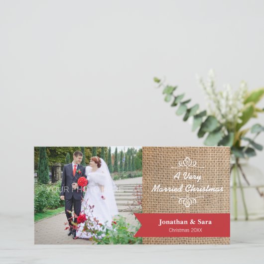 Een zeer getrouwde kerst, Burlap foto Feestdagenkaart (Staand voorkant)