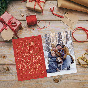 Een zeer kerstelijke kerstkaart met handlettering folie uitnodiging