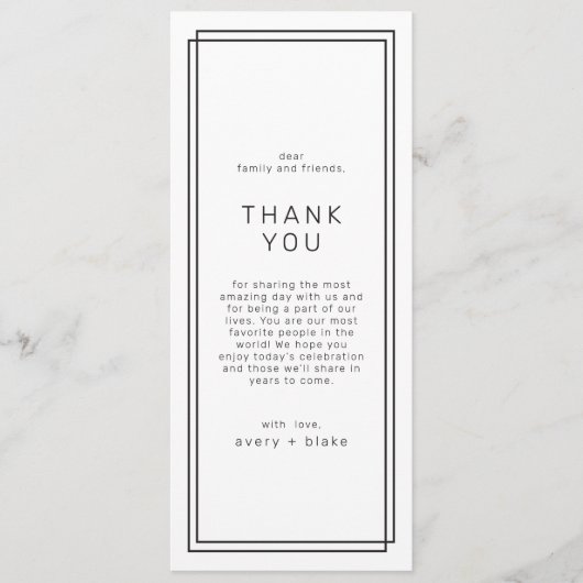 Een zeer moderne minimale bruiloftstafel bedankt k menu (Voorkant)