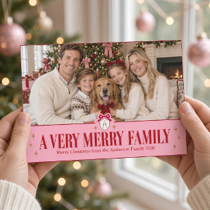 Een zeer vrolijke familie roze strik krans Kerst f Feestdagenkaart