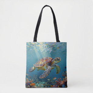 Een zeeschildpad en zonnestralen in de blauwe ocea draagtas