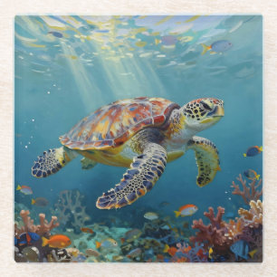Een zeeschildpad en zonnestralen in de blauwe ocea glazen onderzetter