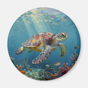 Een zeeschildpad en zonnestralen in de blauwe ocea magneet